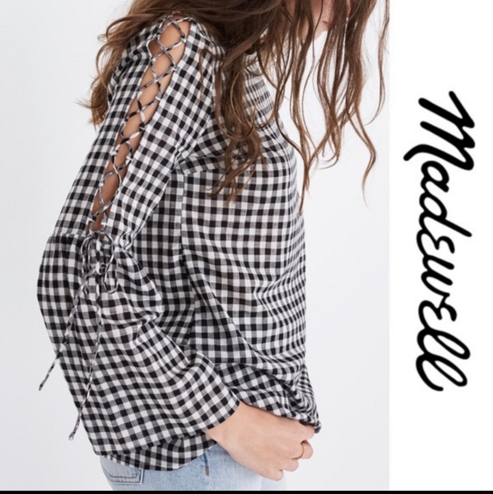 Madewell Black and White Gingham Lace-Up Sleeve Blouse